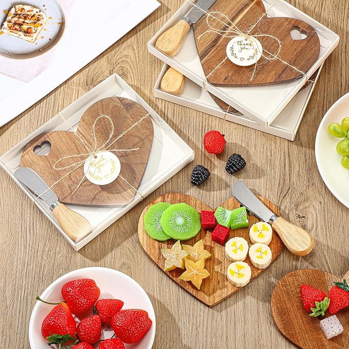 Maxcheck 12 Set Bridal Baby Shower Favor Heart Shaped Charcuterie Board Bulk 7x5inch Mini Cheese Board Gift with Knives Thank You Tag for Guest Birthday Bridal Wedding Baby Shower Prize (Brown)