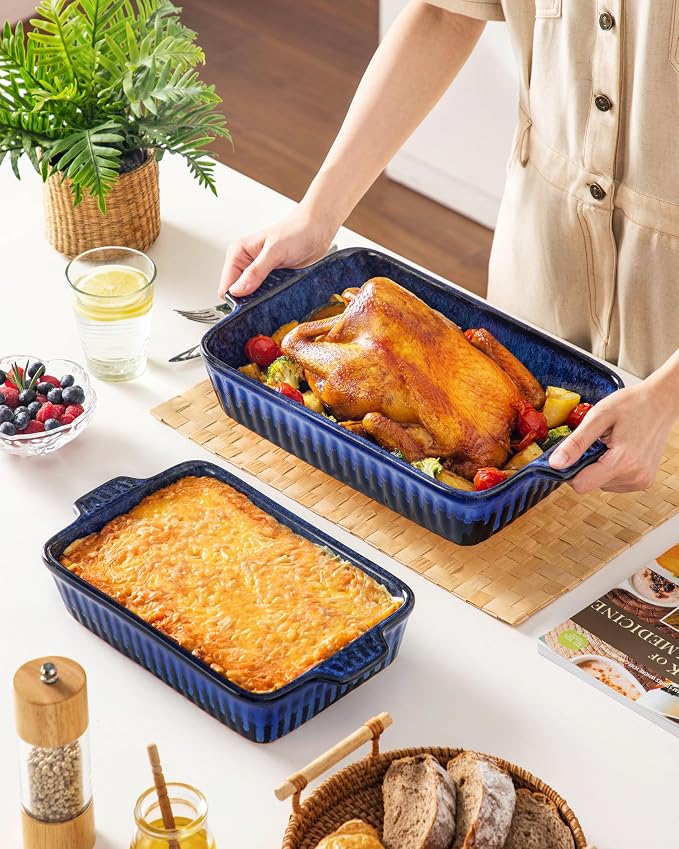 vancasso Ceramic Casserole Dishes for Oven, Reactive Glaze Bakeware Set of 4, Deep Rectangular Baking Dishes with Handles, Lasagna Pan Set, Microwave & Dishwasher Safe, Blue (9.4"/11.1"/12.2"/14.7")