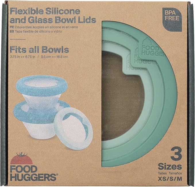 Food Huggers Replacement Lids for Glass Storage Containers | Silicone & Glass Lids that Don’t Crack | Fits Round Container Brands & Bowls | 100% Plastic Free | 3 Lid Set (XS,S,M), Gradual Green