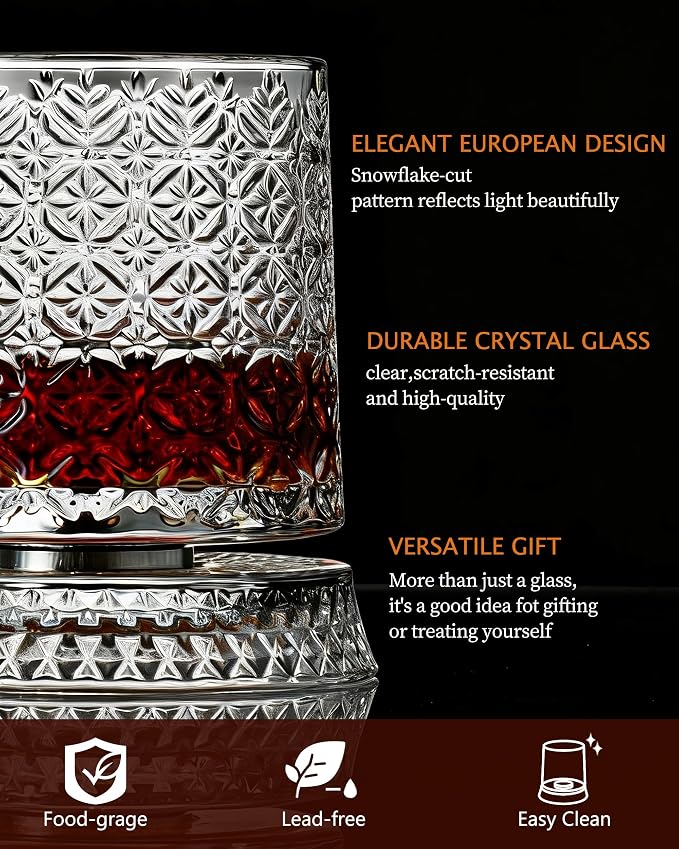 CEEFU Old Fashioned Whiskey Glasses with 360° Rotating Base, Set of 4 (4 Crystal Glasses Set, 4 Big Ice Ball Molds) In Gift Box - Bourbon, Cocktail, Rocks, Bday Gifts Ideas for Men, Snowflake Pattern