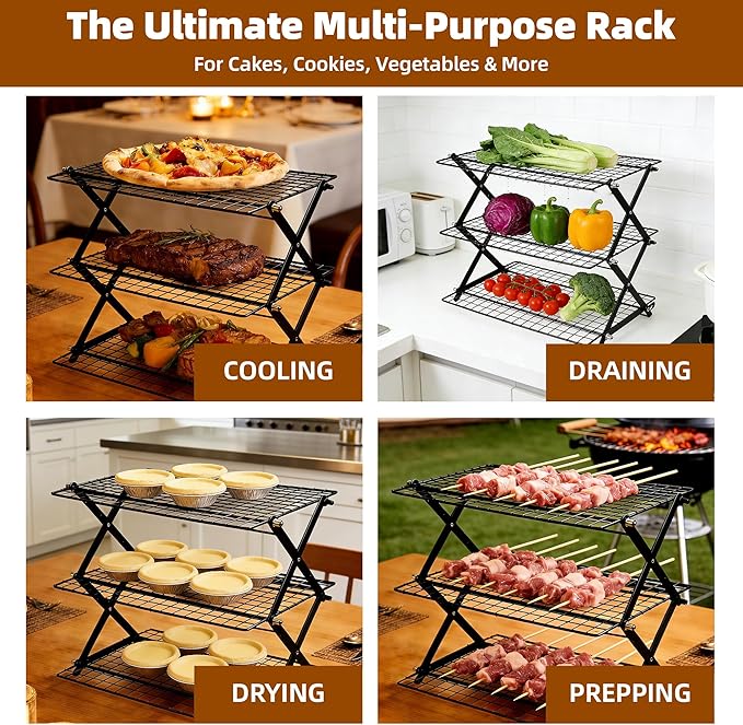 5 Tier Collapsible Cooling Rack with Adjustable 6 Setting Design stackable wire rack for baking sheet for Cookies Baking Gifts for Women (Black, 5-Tier)