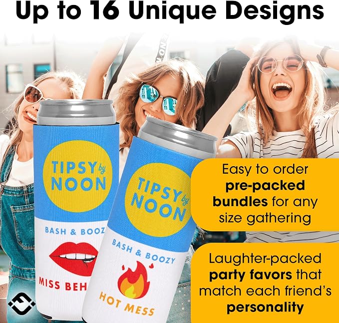 Funky Junque Bachelorette Party Favors Slim Can Cooler, Funny Bridesmaid & Bride Gifts for Girls Trip, Bridal Shower Decorations & Accessories, 12 oz Skinny Can Covers - Tipsy by Noon - 16 Pack
