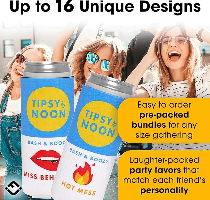 Funky Junque Bachelorette Party Favors Slim Can Cooler, Funny Bridesmaid & Bride Gifts for Girls Trip, Bridal Shower Decorations & Accessories, 12 oz Skinny Can Covers - Tipsy by Noon - 12 Pack