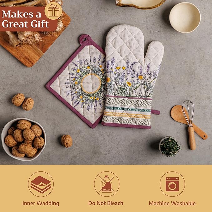 Maison d' Hermine Pot Holders 100% Cotton Heat Resistant Potholders 8" x 8" Hot Pads with Loop BBQ Cooking Baking Gifts for Mothers Day Handling Hot Pans Spring/Summer (Pack of 1, Fanny Lavender)
