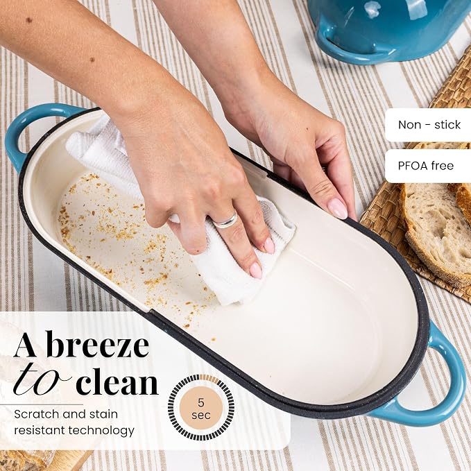 Enamelled Cast Iron Bread Loaf Pot – Dutch Oven For Sourdough Bread Baking – Oven Safe Non Stick Bread Pot – Rectangular, Light Blue, 34cm x 16cm – by Nuovva