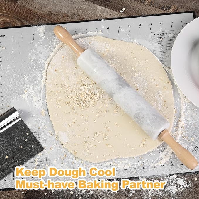 Koville African Natural Marble Rolling Pin, Non-Stick Polished Dough Roller, Pasta, Dumpling, Fondant, Pie Crust, Bread, Pizza Dough, Kitchen Baking Pastry Tools with Mat/Scraper(Grigio Fantasy)