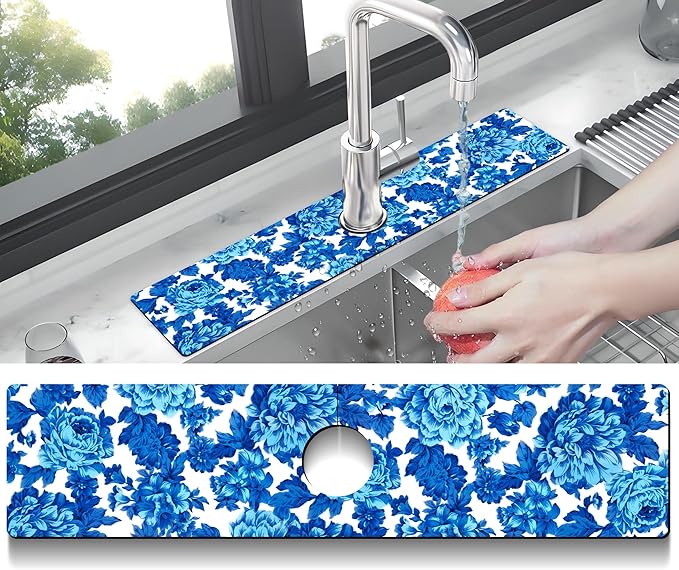 Kitchen Sink Splash Guard Faucet Mat Super Absorbent Fast Drying Mat Sink Gadgets Splash Guard Behind Faucet Drip Catcher for Kitchen (Blue Flowers, 23.5x5.5in)