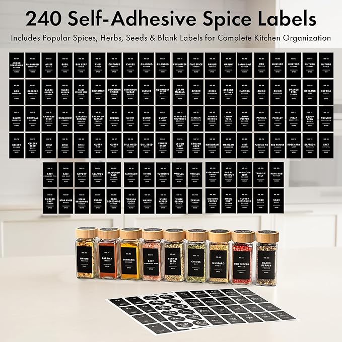 EDELHAUS® Square Spice Jars with Bamboo Wooden Lid (Pack of 36) Spice Jars with Shaker Insert and 240 Labels - Bamboo Lid Glass Container for Spice Organisation [4.3 in × 1.8 in]