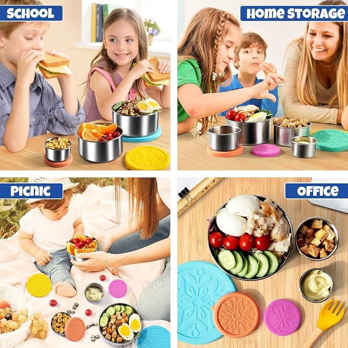 18/8 Stainless Steel Food Snack Storage Containers(5 Pack: 2/4/8/14/24oz) | Stackable, Leakproof Lunch Box with Silicone Lid, for Kids and Toddler Home School Use