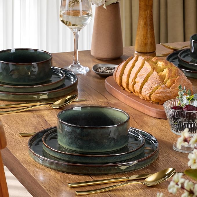 LIANYU Dinnerware Dishes Sets for 4, 12 Piece Stoneware Dinner Plates and Bowls Set, Ceramic Dinning Dishware Includes Salad Plate, Cereal Bowls, Chip Resistant & Dishwasher Safe,Moss Green
