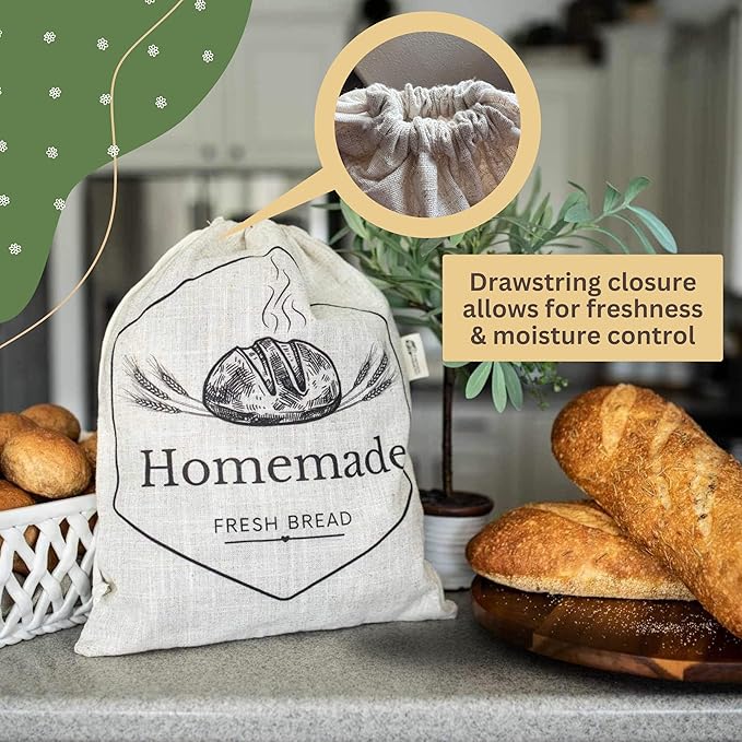 2 Pack XL Bread Bags for Homemade Bread, 18 x 14 in Organic Linen Sourdough Bags – Reusable Bread Storage Bags, Keeps Bread Fresh Longer – by Homemakers Harmony