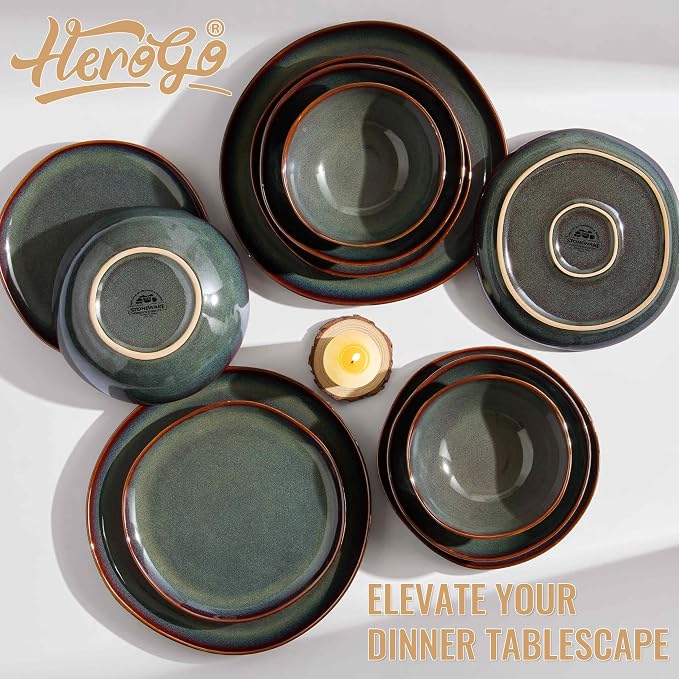 Herogo Stoneware Dinnerware Sets for 6, 24 Piece Ceramic Dinner Dishes Set, Irregular Handmade Plates and Bowls Dishware, Crack and Scratch Resistant, Reactive Glaze, Lichen Green
