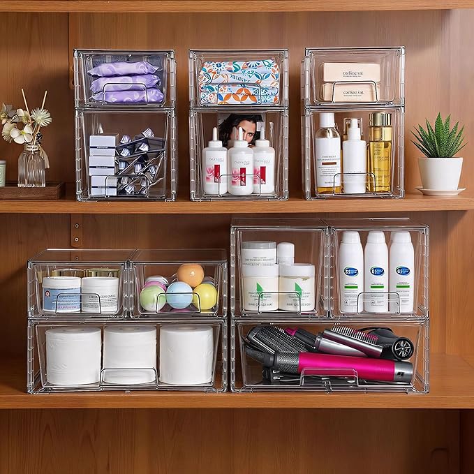 Medium Clear Stackable Storage Drawers (2 Pack), High-strength Acrylic Organizer Bins with Handles, Plastic Drawers for Fridge Bathroom Cabinet Closet Undersink Pantry Kitchen Makeup Storage