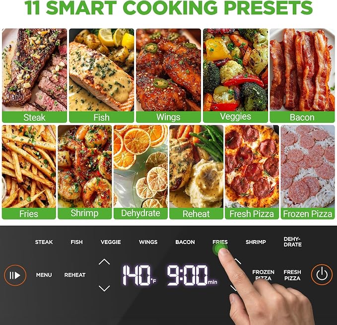 NutriChef 6 Quart Extra Large Air Fryer with 11-in-1 Cooking Presets | Extra-Large Basket Fits Up to 12” Pizza | Adjustable Temperature 450F & Timer Range | Dual Heat Source Technology | Grey