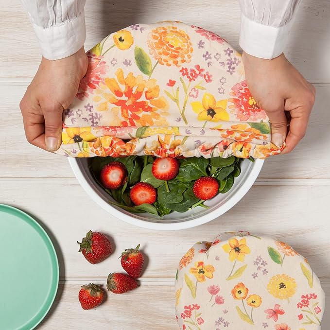 Now Designs Cottage Floral Save It Reusable Cotton Bowl Covers 7.5 and 9.25 inch, Set of 2