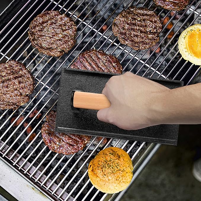 Leonyo 3Pcs Cast Iron Grill Press, Heavy Duty Bacon Press with Wood Handle, Pre-Seasoned Burger Smasher for Griddle Cooking, Meat, Burger, Bacon, Steak, Panini, Sandwich, Rectangle (8.2"X4.3")