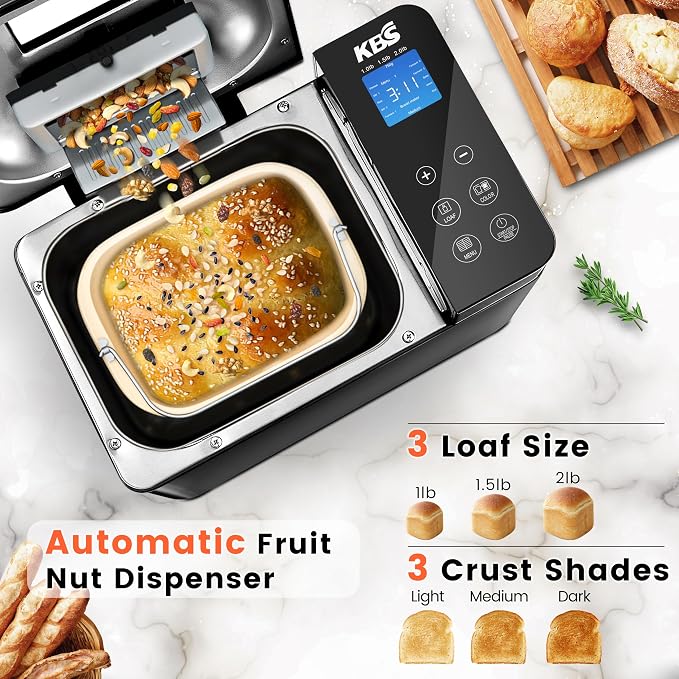 KBS 710W 2LB Bread Maker Dual Heaters, 17-in-1 Stainless Steel Bread Machine with Healthy Ceramic Pan, Automatic Nut Dispenser, Tempered Glass Touch Panel, 3 Crust Colors, 15H Timer& Keep-Warm,Recipes