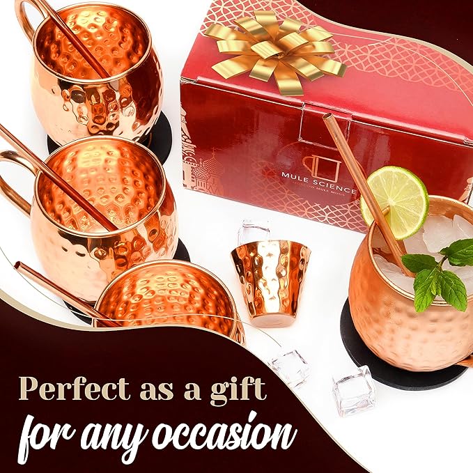 Copper Moscow Mule Mugs Set of 4 with Straws, Jigger & Coasters | Hammered Copper Cocktail Cups with Food-Safe Lacquer Coating (Interior & Exterior) | Lab Tested, 1-Year Warranty Gift Set