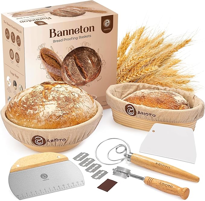 ABIOTO Sourdough Bread Baking Kit - 14-Piece Set with 9" Round & 10" Oval Rattan Banneton Proofing Baskets, Liners, Bread Lame, Danish Whisk & Scrapers for Home Bakers