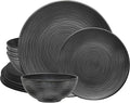 Bzyoo 12 Piece Melamine Dinnerware Set - Durable, Dishwasher Safe Organica Black Plates and Bowls Sets Casual Dish Set for Dining, Outdoor and Kitchen