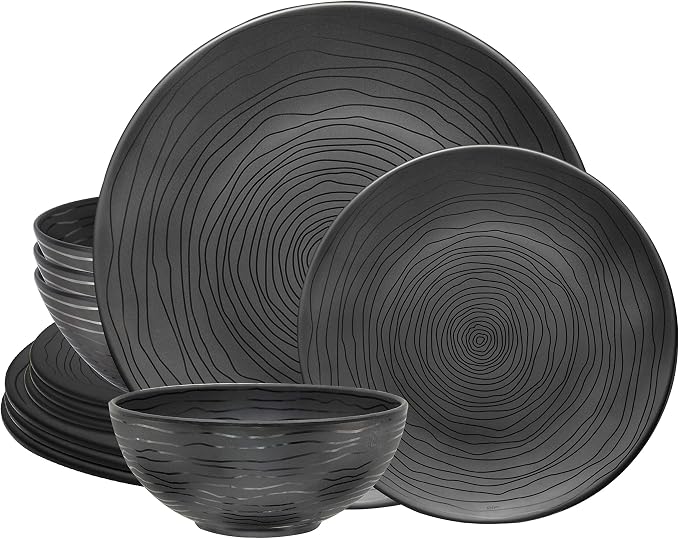Bzyoo 12 Piece Melamine Dinnerware Set - Durable, Dishwasher Safe Organica Black Plates and Bowls Sets Casual Dish Set for Dining, Outdoor and Kitchen