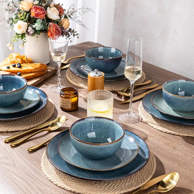 GBHOME 24 Pieces Double Bowls Dinnerware Sets for 6, Stoneware Plates and Bowls Set with Reactive Glaze, Scratch Resistant Stoneware Dishes Set, Dishwasher & Microwave Safe