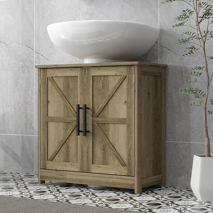 HOMCOM Pedestal Sink Storage Cabinet, Farmhouse Freestanding Bathroom Sink Cabinet with 2 Barn Doors and Adjustable Shelf, Distressed Light Gray