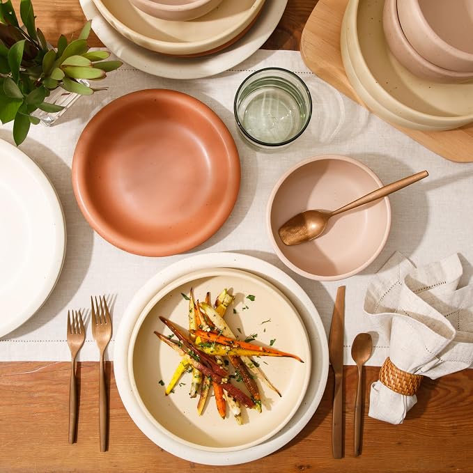 Bloomhouse - Two Time Oprah's Favorite Things Winner - Corsica Clay 16 Piece Stoneware Rustic Reactive Glaze Dinnerware Set - Stackable Plates and Bowls Set. Service for 4 - Matte Assorted Colors