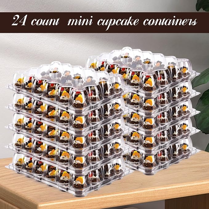 NPLUX 24 Count Mini Cupcake Containers 20 Pack Cupcake Holder with Detachable Tall Dome Lids Mini Plastic Stackable Cupcake Boxes for 480Cupcakes, BPA Free