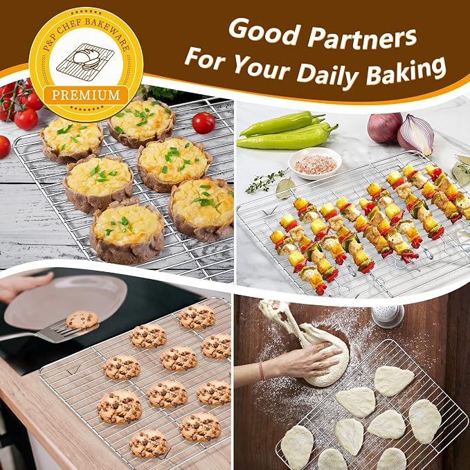 P&P CHEF 16 Inch Baking Sheet Pan with Rack Set, Stainless Steel Cookie Sheet Pan Tray with Cooling Rack for Oven Use, Cooking Roasting, Non Toxic & Dishwasher Safe, Heavy Duty
