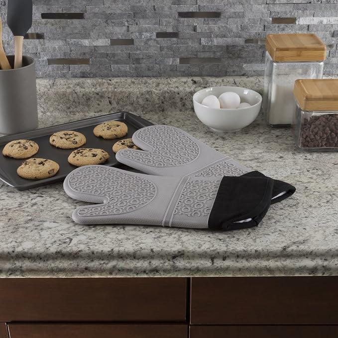 Silicone Oven Mitts – Extra Long Professional Quality Heat Resistant with Quilted Lining and 2-sided Textured Grip – 1 pair Gray by Bedford Home