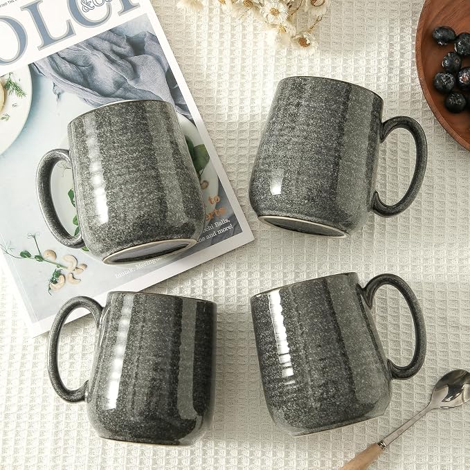 HASENSE Ceramic Coffee Mugs - 15 OZ Large Coffee Cups Set of 4 with Handle for Hot Beverage, Porcelain Latte Mugs for Tea, Milk, Cocoa, Cappuccino and Mocha, Microwave and Dishwasher Safe, Grey