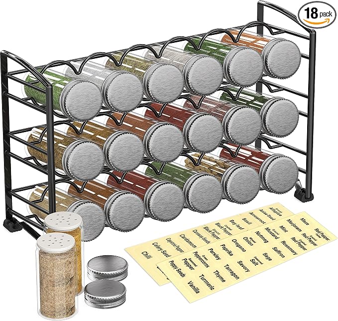 Deco Brothers Spice Rack Stand holder with 18 Bottles and 48 Labels, Black