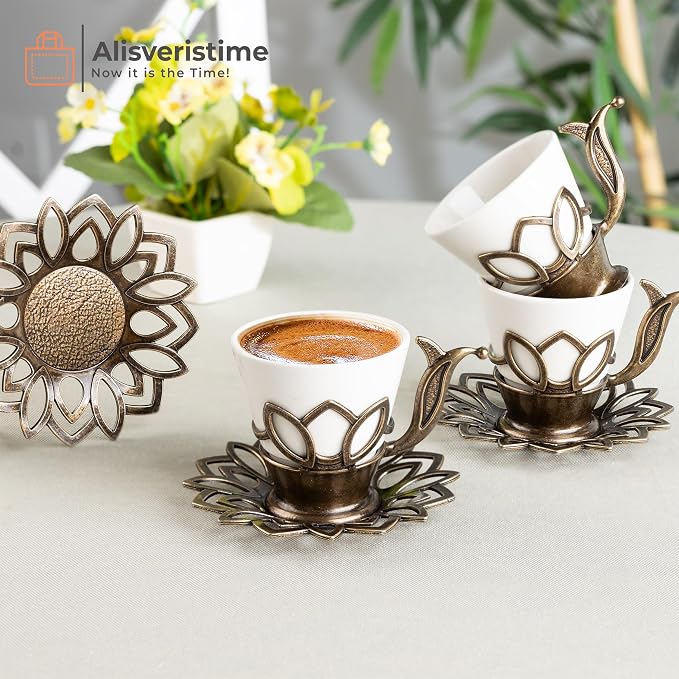 Alisveristime (Set of 6) Turkish Coffee Set with Porcelain Cups, Zamac Holders & Saucers – 80ml Capacity, Ottoman Motif, 4 Color Options (Antique Green)