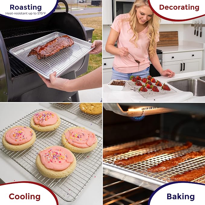KITCHENATICS Quarter Sheet Cooling Rack Stainless Steel Oven Safe Set 2 | Fits standard quarter sheet pans for grilling, broiling, drying and draining grease while cooking
