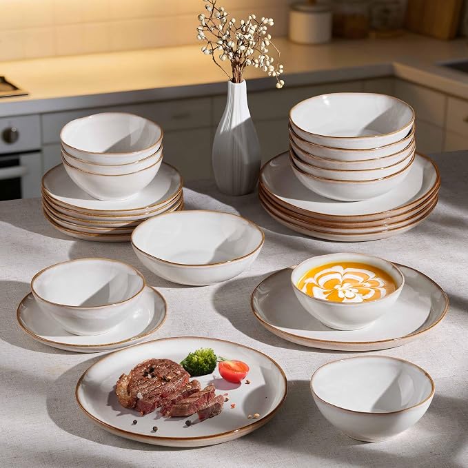 Herogo 24Pcs Plates and Bowls Dinner Set, Stoneware Dinnerware Dishes Sets for 6, Ceramic Dishware Tableware Includes Dinner Salad Plates, Soup Bowls, Microwave & Dishwasher Safe, Pearl White