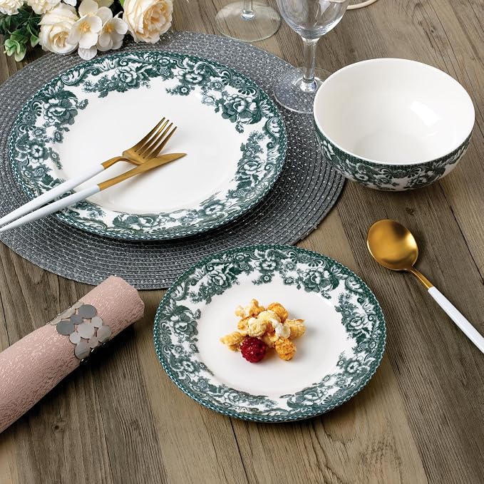 Montana 12-Piece Chip-Resistant Porcelain Dinnerware Set – Service for 4 | Reinforced Scratch-Shield Glaze | Large 25oz Deep Bowls | Elegant Green Floral Border | Dishwasher, Microwave, & Oven Safe
