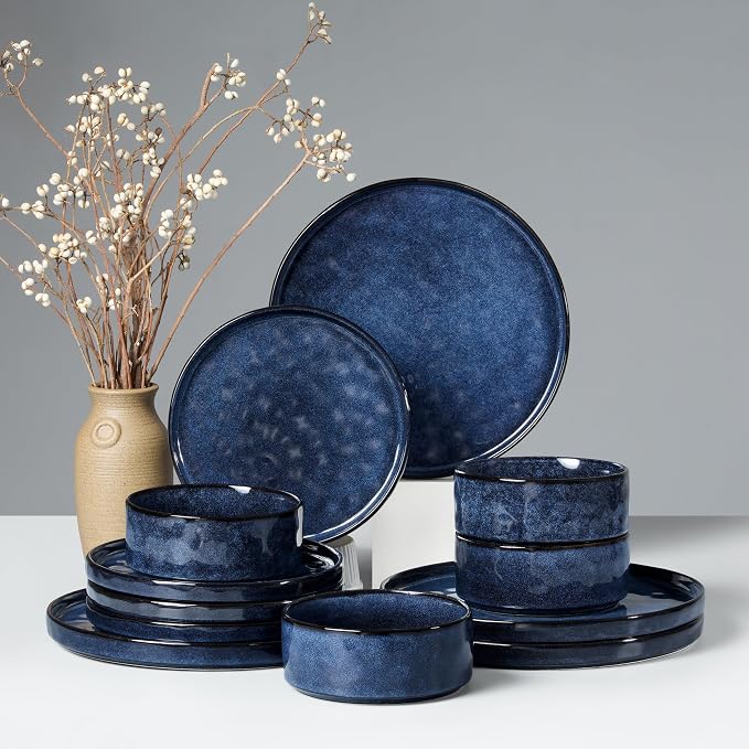 HaWare Dinnerware Sets, 12-Piece Plates and Bowls Set, Stoneware Dish Set for 4, Ceramic Dinnerware for Home Restaurant, Chip and Scratch Resistant, Microwave and Dishwasher Safe, Reactive Starry Blue