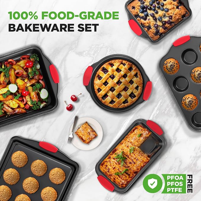 NutriChef Baking Pans Set - 6 Piece Bakeware with Nonstick Carbon Steel for Easy Release and Cleanup, Durable and Versatile Design, Includes Cookie Sheet, Loaf Pan, Muffin Tin & More