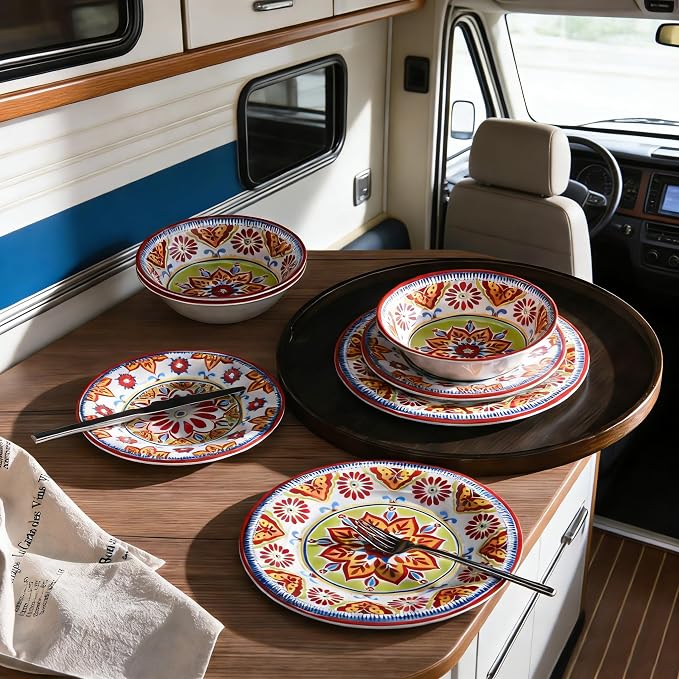 Premium Melamine Dinnerware Sets for 4, 12-Piece Plates and Bowls Sets, Shatterproof & Lightweight Dish Set for Indoor and Outdoor Use, Dishwasher Safe, Red