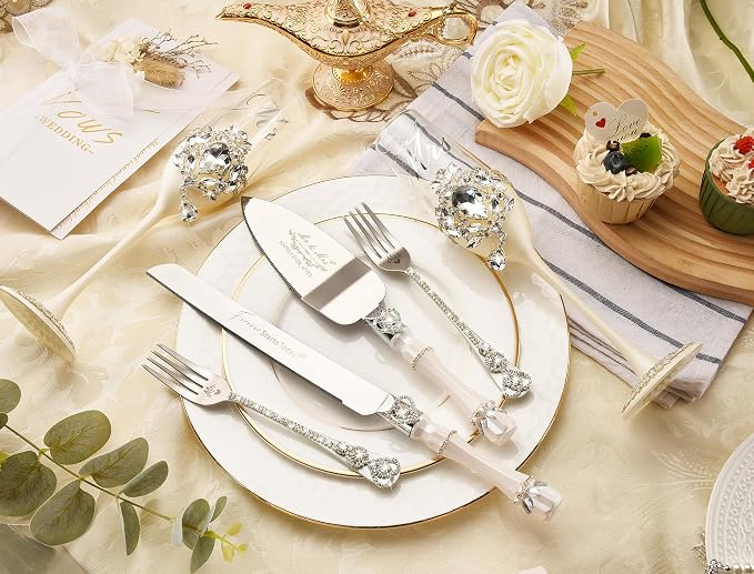 Wedding Cake Knife and Server Set, Luxury Handcrafted Crystal Champagne Flutes with Silver Petal Rhinestones and Pendant, Cake Cutting Set for Wedding, Engagement Gifts for Couples, Gift-ready Box