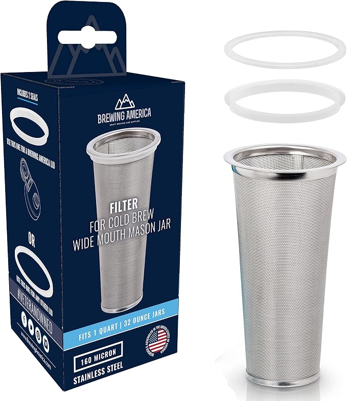 Cold Brew Filter for Mason Jar Wide Mouth Coffee Maker, UPGRADED Stainless Steel Mesh with 2 Silicone Seals (1 Quart 32 Ounces)