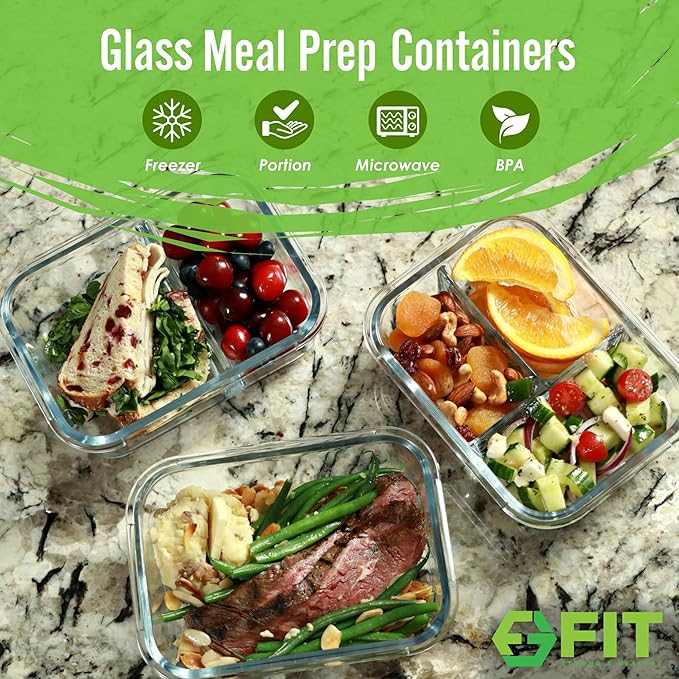 FIT Strong & Healthy 32 oz Glass Meal Prep Containers & 32 oz Glass Water Bottle with Straw Lid, Thick Silicone Sleeve, Leakproof, Black, Adult, Meal Prep Set