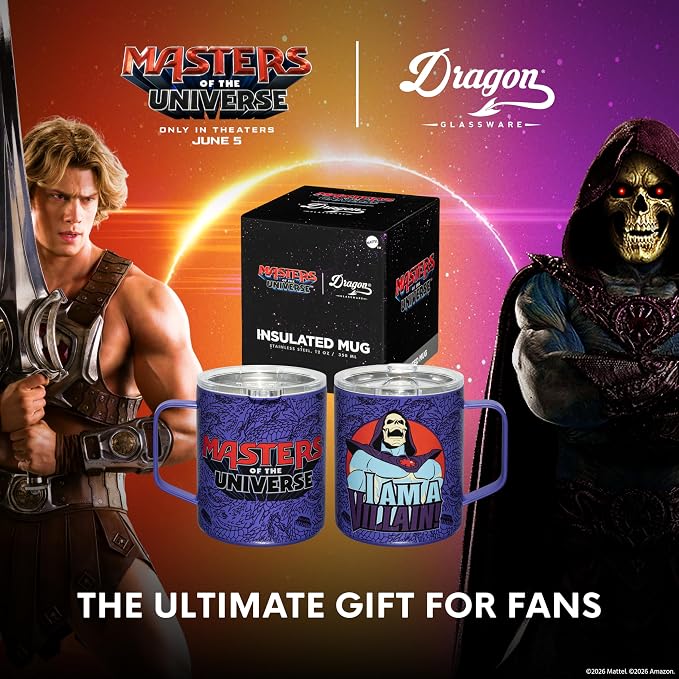 Dragon Glassware x Masters of the Universe (MOTU) Stainless Steel Camp Mug - 12 oz Insulated Camping Mug for Coffee, Tea, Matcha, Hot Beverages - Official 2026 Movie Merch - Skeletor