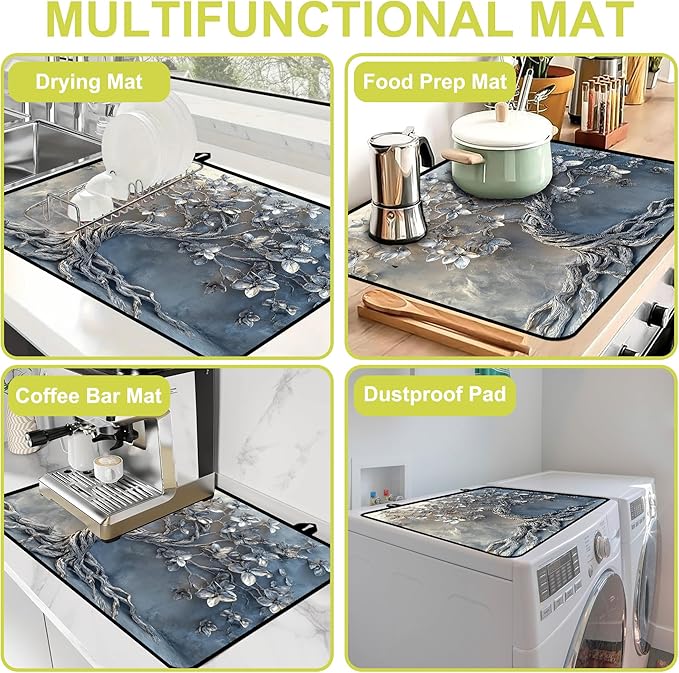 Glass stove top cover 28"x 20", Stove Top Covers for Electric Stove, Flat Range Mat for Glass Cooktop, Kitchen Heat-Resistant Protector Mat Non-Slip Drying Ma (Silver Tree)
