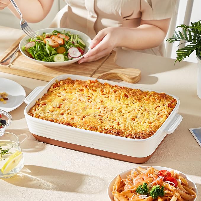 MALACASA 9x13 Ceramic Baking Dish, 4.8 QT Deep Casserole Dish with Handles, Oven Safe Lasagna Pan for Baking, Roasting & Serving, Rectangular Bakeware, Khaki & White, Tara