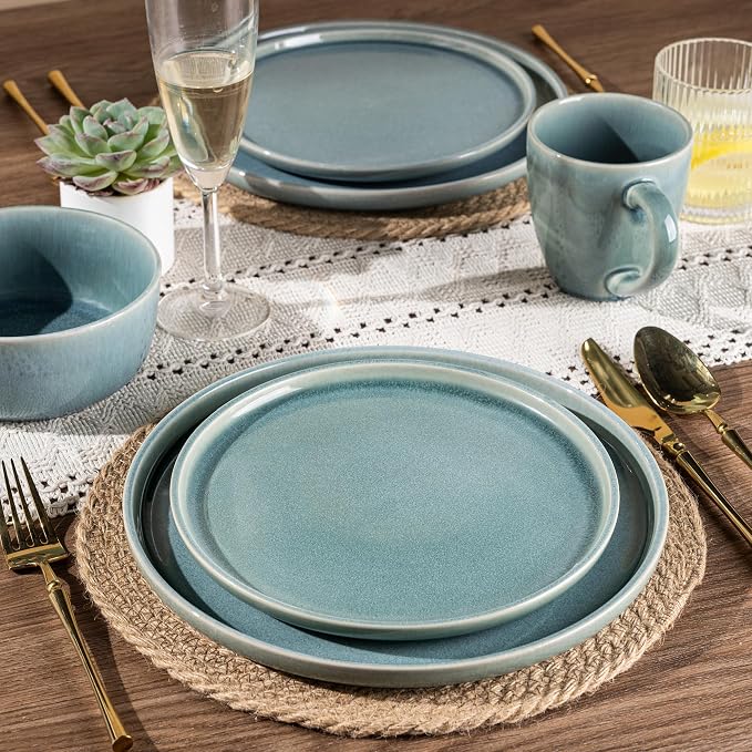 GBHOME Ceramic Dinnerware Sets for 4, 12 Pieces Stoneware Plates and Bowls Sets, Scratch Resistant Dishes, Dishwasher & Microwave Safe, Reactive Glaze-Malachite Green
