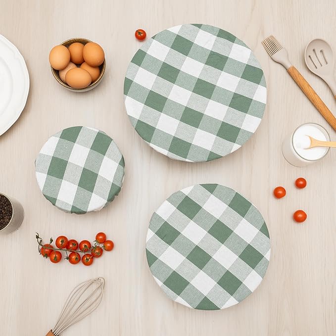 Reusable Cotton Bowl Covers - 100% Organic Cotton Fabric, Sage Green Cloth Bowl Cover Set with Elastic to Cover Fruits, Vegetables and Baking Bowls - Perfect for Salads and Bread Bowls (Sage Green)