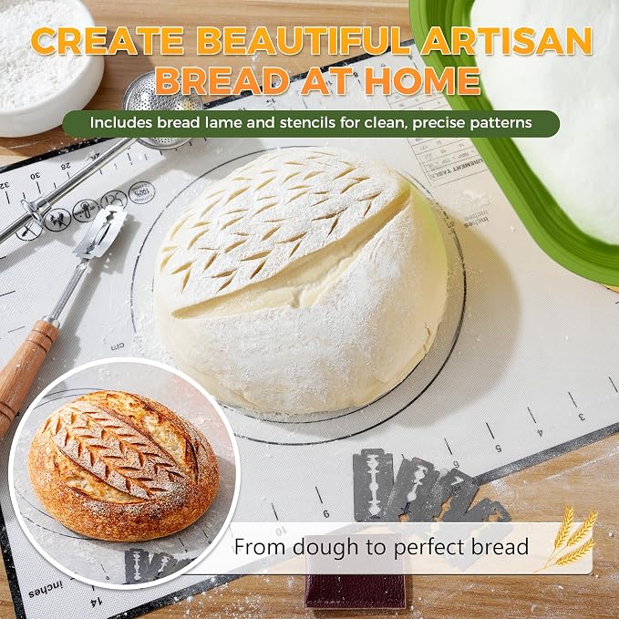 Sourdough Starter Kit for Beginners, 34 oz Starter Jar with Scale Marking, 2 Silicone Proofing Baskets, Complete Bread Baking Kit with Guide & Recipes, Easy to Use & Clean - Green