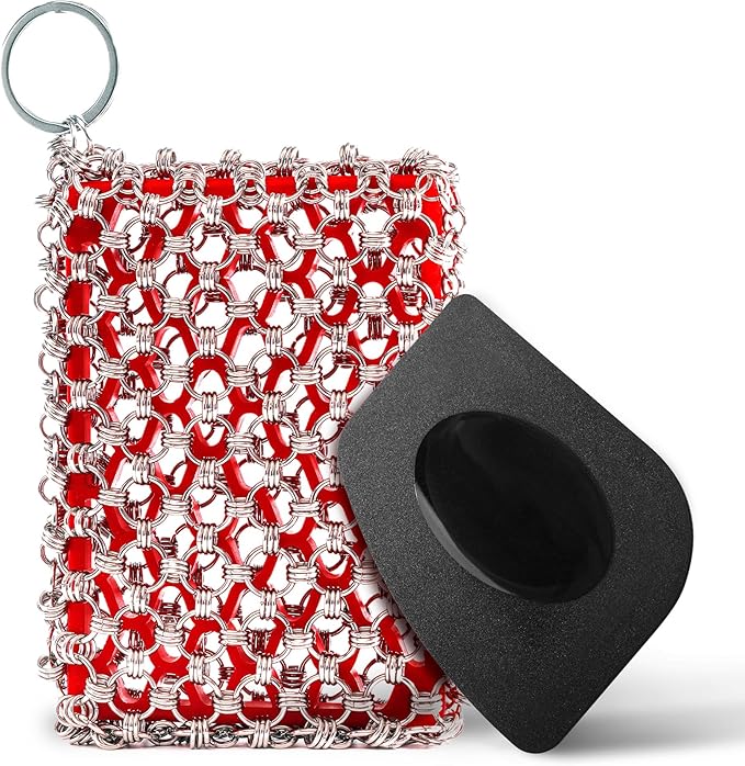 Cast Iron Care Bundle: 316 Stainless Steel 𝐓𝐫𝐢𝐩𝐥𝐞 𝐑𝐢𝐧𝐠 𝐂𝐡𝐚𝐢𝐧𝐦𝐚𝐢𝐥 Scrubber (Red) & Extra Thick Leather Handle Cover (𝐌𝐚𝐝𝐞 𝐢𝐧 𝐆𝐞𝐨𝐫𝐠𝐢𝐚) – Perfect for Pan